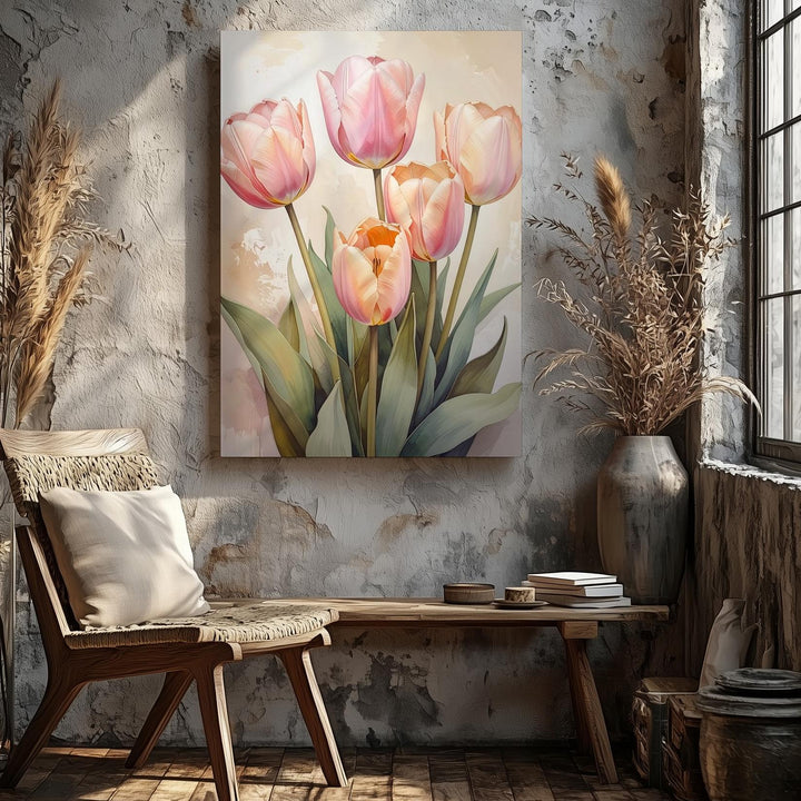 Pastel Tulip Bouquet Canvas – Elegant Spring Wall Art - Gifitto