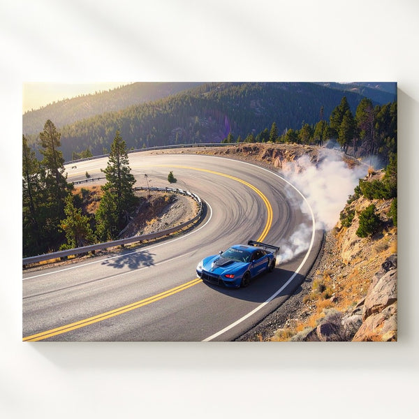 Edge of Grip Canvas – Blue Sports Car Drifting Through Mountain Curve - Gifitto