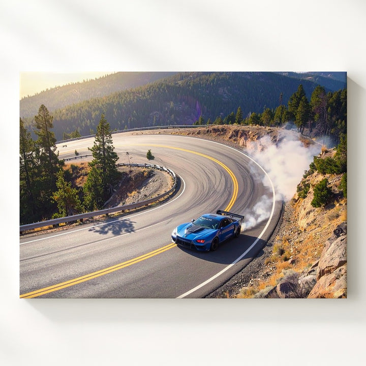 Edge of Grip Canvas – Blue Sports Car Drifting Through Mountain Curve - Gifitto