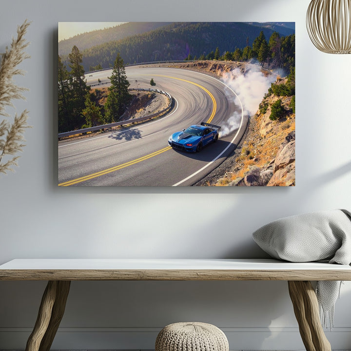 Edge of Grip Canvas – Blue Sports Car Drifting Through Mountain Curve - Gifitto