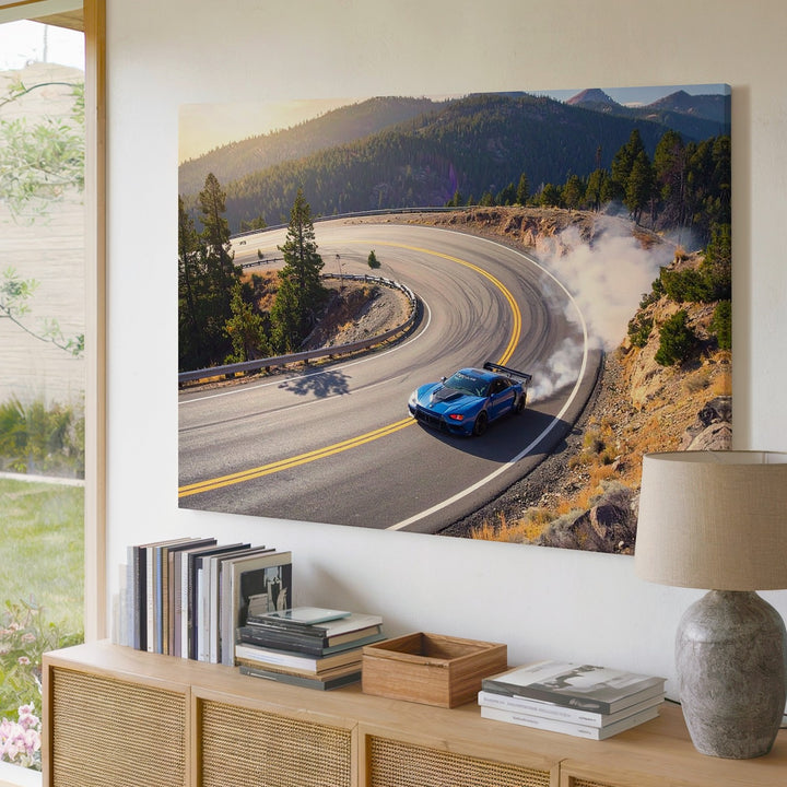 Edge of Grip Canvas – Blue Sports Car Drifting Through Mountain Curve - Gifitto