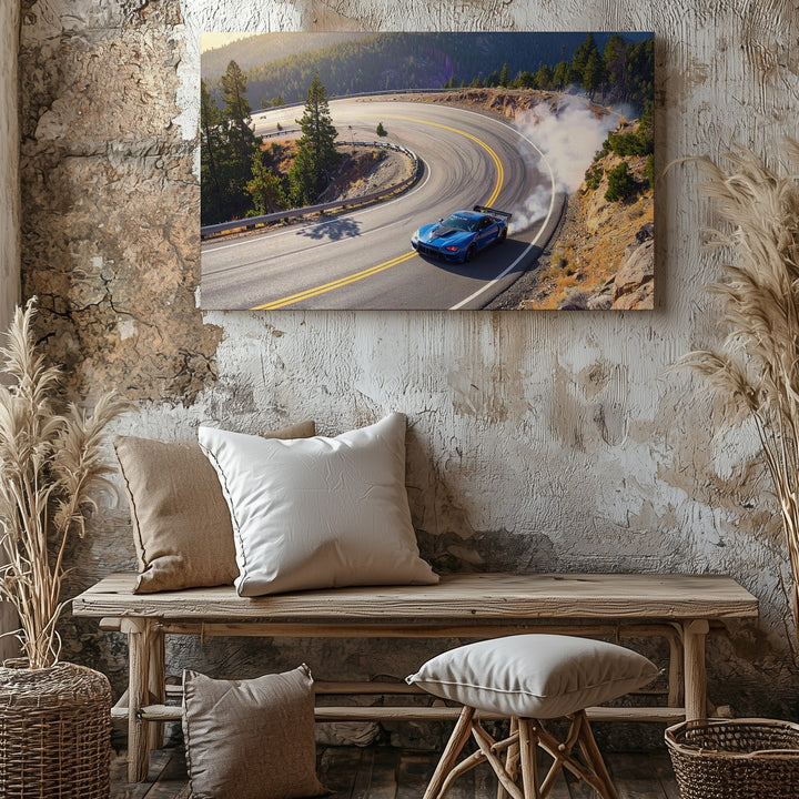 Edge of Grip Canvas – Blue Sports Car Drifting Through Mountain Curve - Gifitto