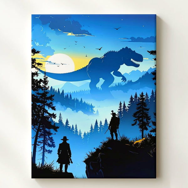 Dino Hunter Sunset Canvas – Silhouetted Wilderness Scene with T-Rex - Gifitto