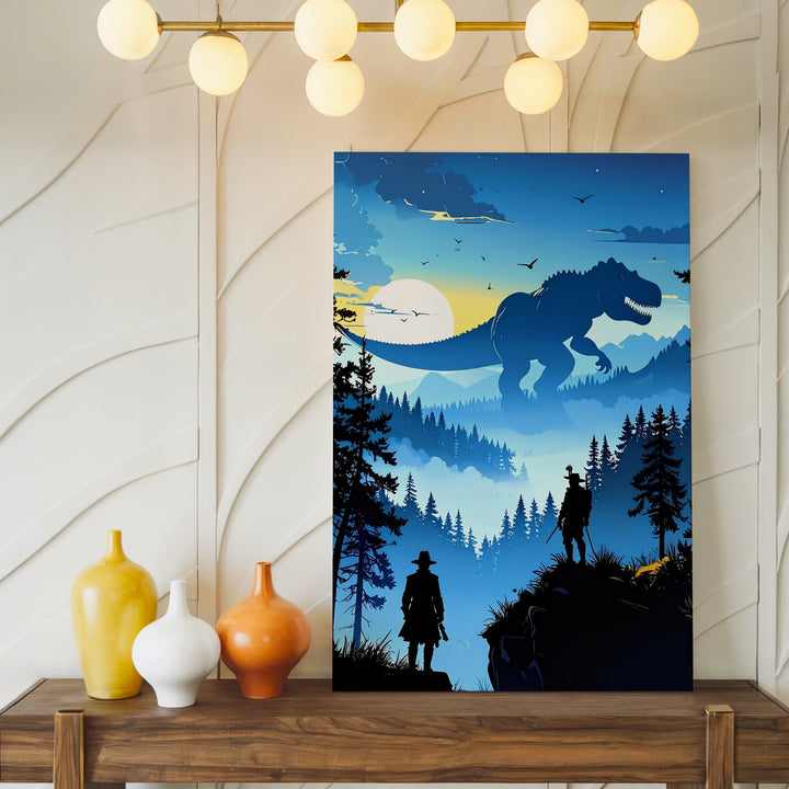 Dino Hunter Sunset Canvas – Silhouetted Wilderness Scene with T-Rex - Gifitto