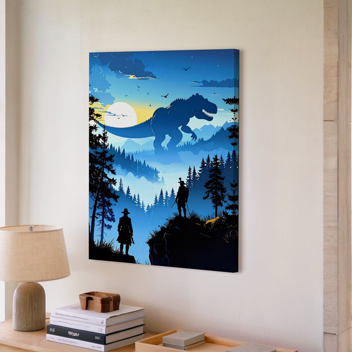 Dino Hunter Sunset Canvas – Silhouetted Wilderness Scene with T-Rex - Gifitto