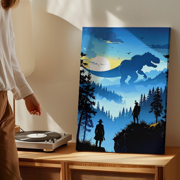 Dino Hunter Sunset Canvas – Silhouetted Wilderness Scene with T-Rex - Gifitto
