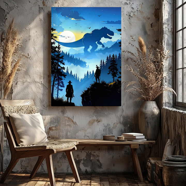 Dino Hunter Sunset Canvas – Silhouetted Wilderness Scene with T-Rex - Gifitto