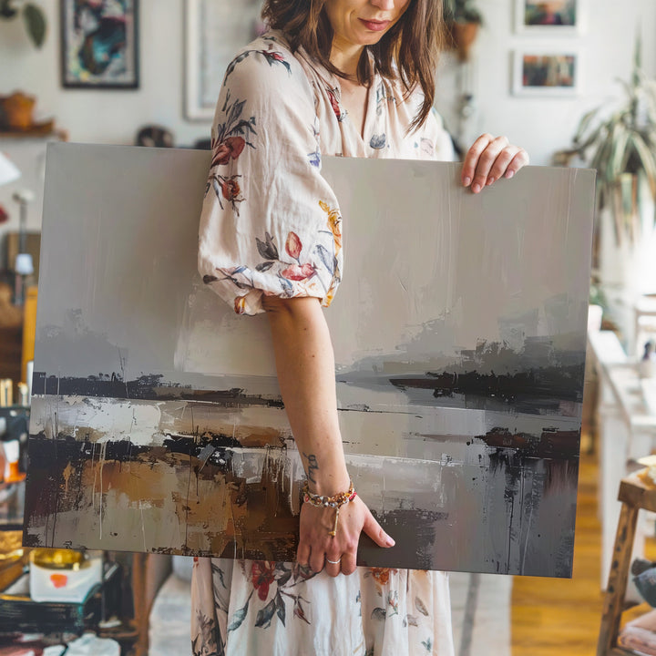 Serene Horizon Canvas – Soft Abstract Landscape in Beige, Gray, and Warm Tones - Gifitto