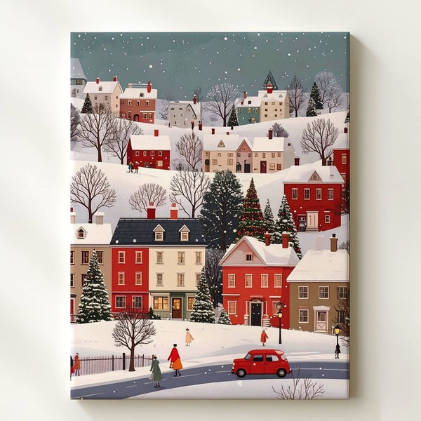 Cozy Graphic Winter Village Canvas – Whimsical Snowy Town Scene - Gifitto