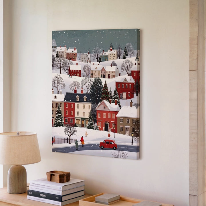 Cozy Graphic Winter Village Canvas – Whimsical Snowy Town Scene - Gifitto