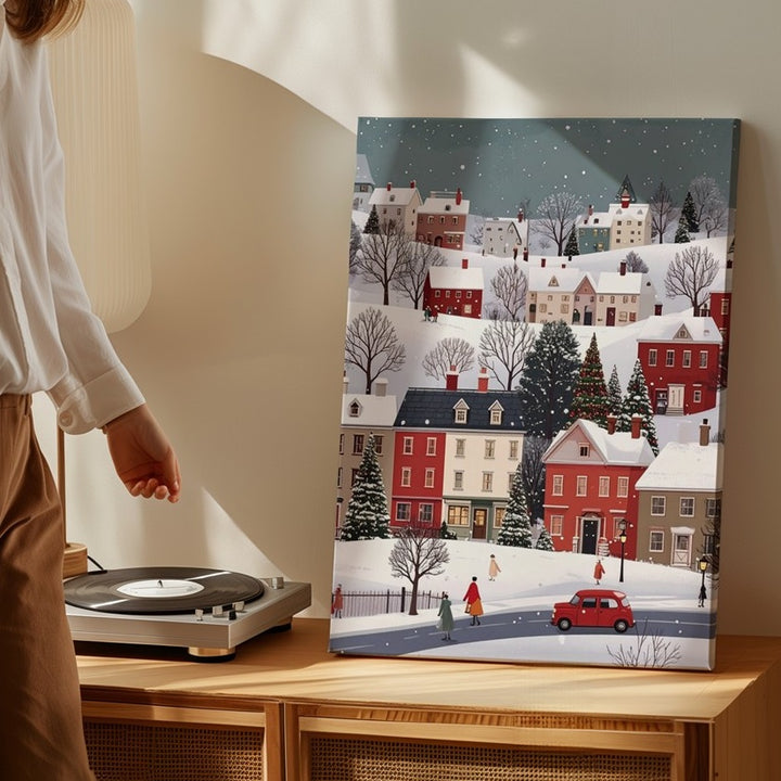 Cozy Graphic Winter Village Canvas – Whimsical Snowy Town Scene - Gifitto