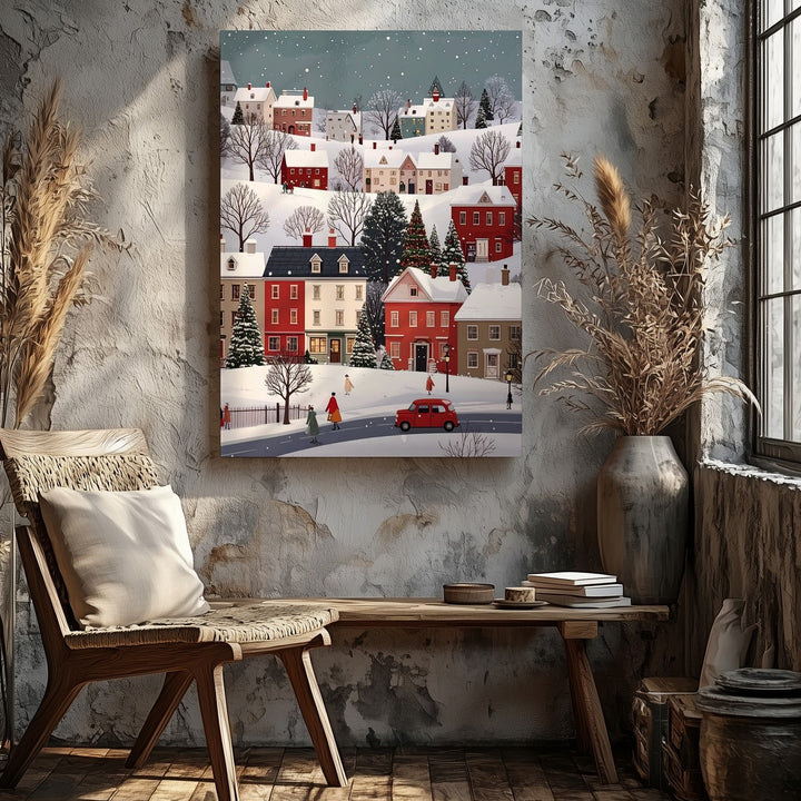 Cozy Graphic Winter Village Canvas – Whimsical Snowy Town Scene - Gifitto