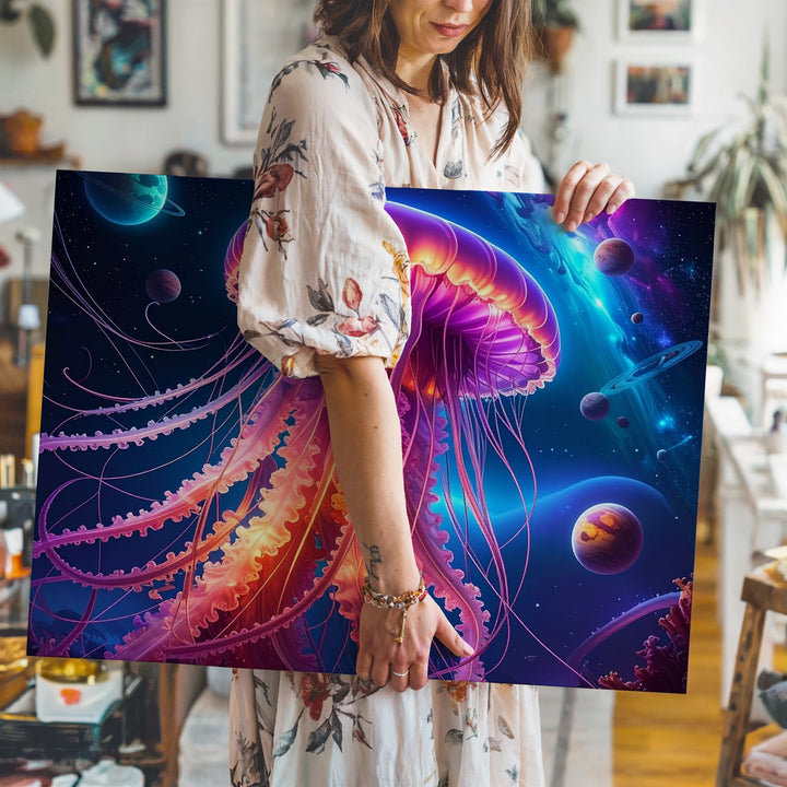 Galactic Jellyfish Canvas – Bioluminescent Space Creature in Electric Hues - Gifitto