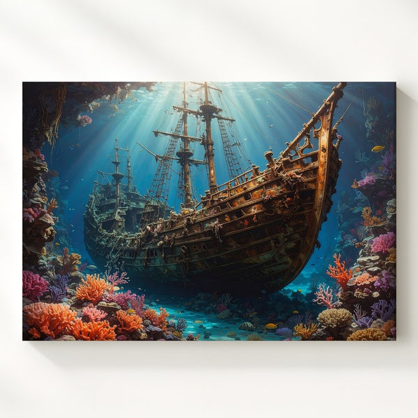 Sunken Pirate Ship Canvas – Mystical Underwater Shipwreck Fantasy Art