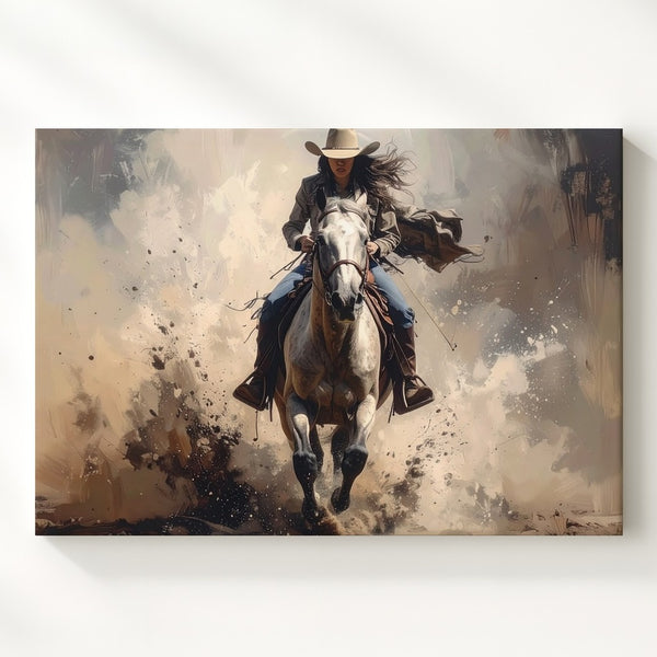 Fearless Rider Canvas – Female Cowboy Galloping Through Dust - Gifitto