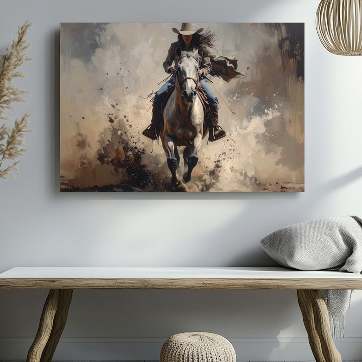 Fearless Rider Canvas – Female Cowboy Galloping Through Dust - Gifitto