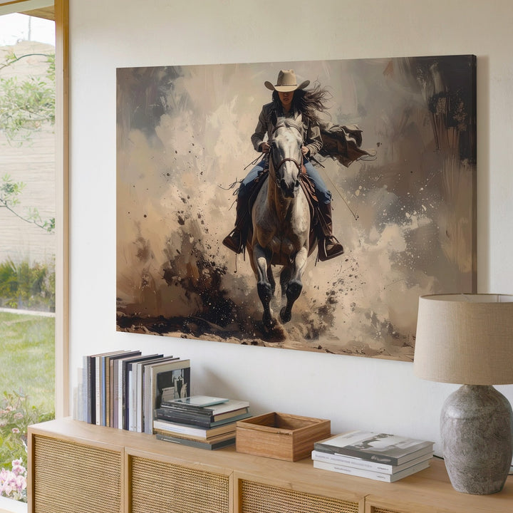 Fearless Rider Canvas – Female Cowboy Galloping Through Dust - Gifitto