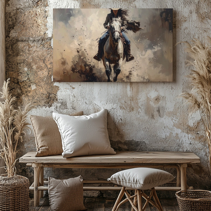 Fearless Rider Canvas – Female Cowboy Galloping Through Dust - Gifitto