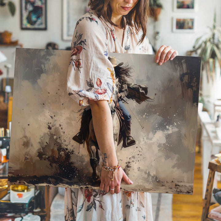 Fearless Rider Canvas – Female Cowboy Galloping Through Dust - Gifitto