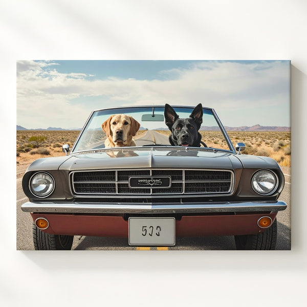 Dog Days Roadtrip Canvas – Labrador & Shepherd in Classic Mustang - Gifitto