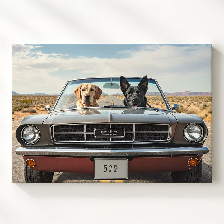 Dog Days Roadtrip Canvas – Labrador & Shepherd in Classic Mustang - Gifitto