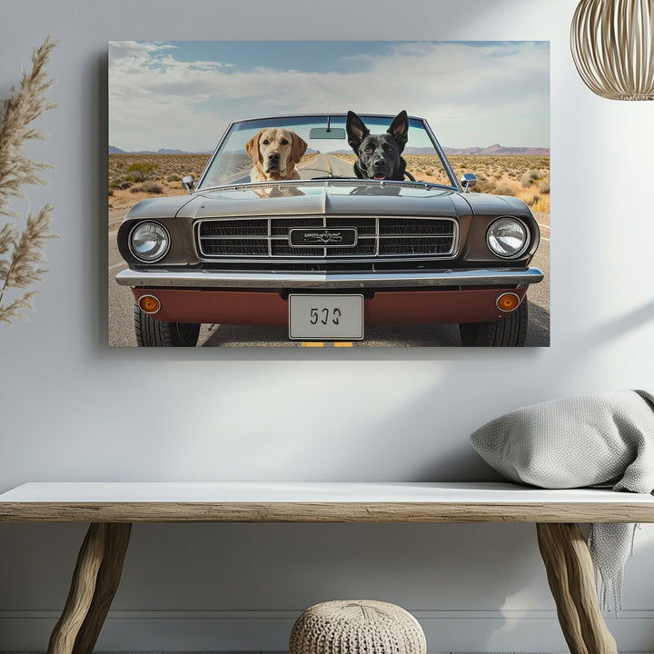 Dog Days Roadtrip Canvas – Labrador & Shepherd in Classic Mustang - Gifitto