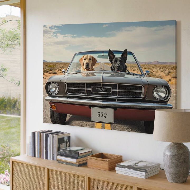 Dog Days Roadtrip Canvas – Labrador & Shepherd in Classic Mustang - Gifitto