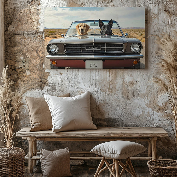 Dog Days Roadtrip Canvas – Labrador & Shepherd in Classic Mustang - Gifitto