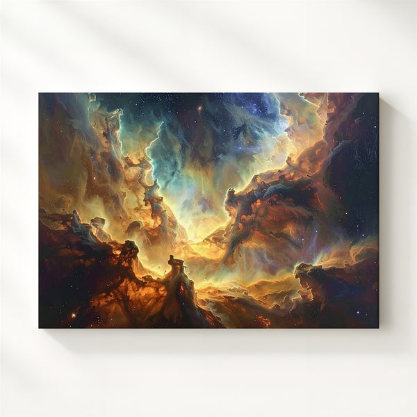 Shadowed Nebula Canvas – Moody Galactic Dust in Gold, Brown & Olive Tones - Gifitto