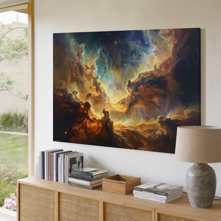 Shadowed Nebula Canvas – Moody Galactic Dust in Gold, Brown & Olive Tones - Gifitto