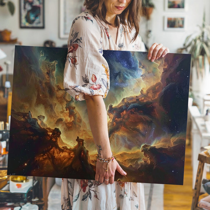 Shadowed Nebula Canvas – Moody Galactic Dust in Gold, Brown & Olive Tones - Gifitto