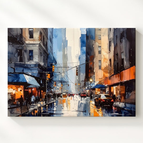 Rainy City Reflection Canvas – Painterly Urban Street Scene with Umbrellas