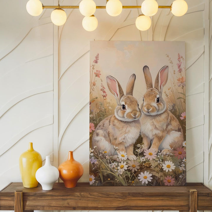 Sweet Rabbits in Wildflowers Canvas – Tender Meadow Wall Art - Gifitto