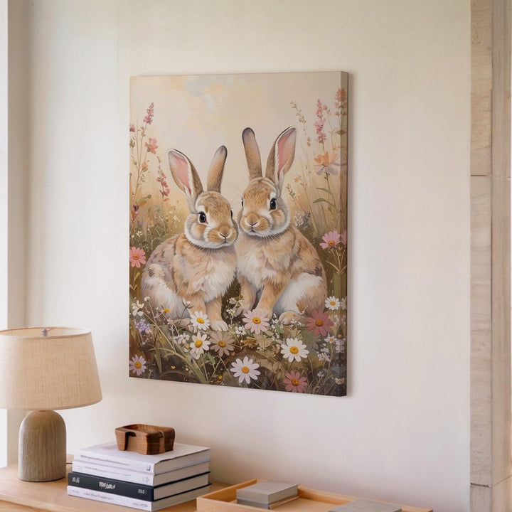 Sweet Rabbits in Wildflowers Canvas – Tender Meadow Wall Art - Gifitto