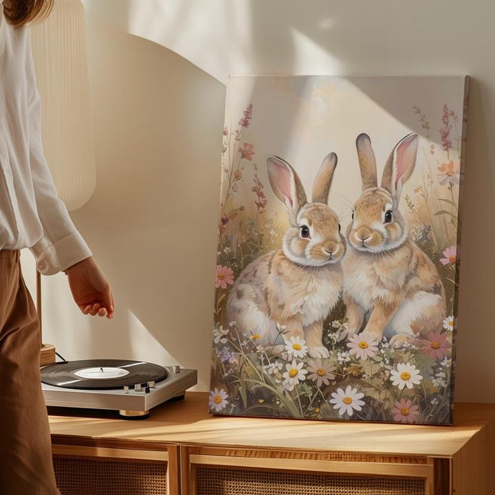 Sweet Rabbits in Wildflowers Canvas – Tender Meadow Wall Art - Gifitto