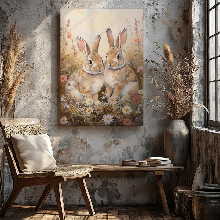 Sweet Rabbits in Wildflowers Canvas – Tender Meadow Wall Art - Gifitto