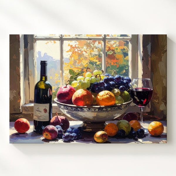 Rustic Autumn Still Life Canvas – Traditional Oil Painting with Fruit & Wine - Gifitto