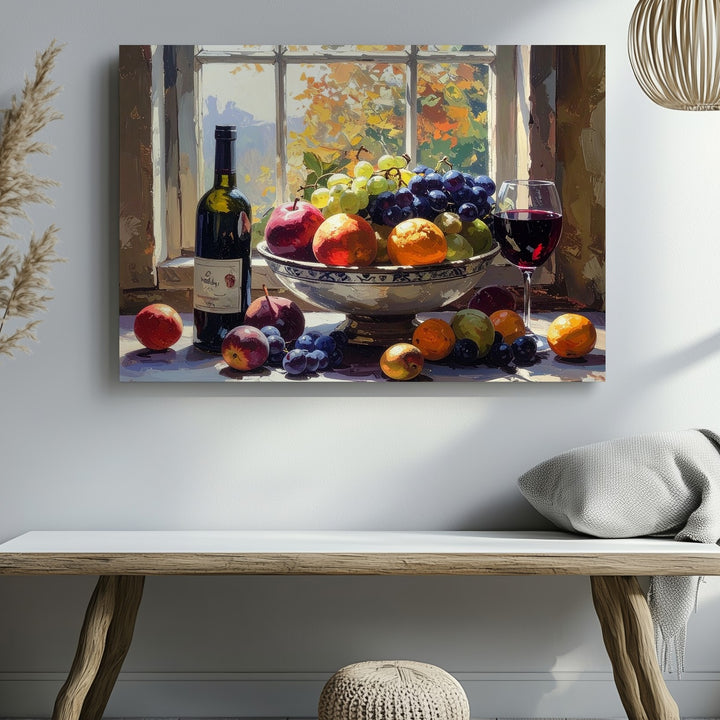 Rustic Autumn Still Life Canvas – Traditional Oil Painting with Fruit & Wine - Gifitto