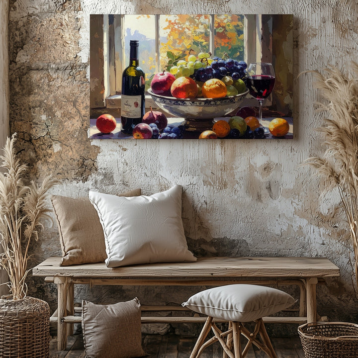 Rustic Autumn Still Life Canvas – Traditional Oil Painting with Fruit & Wine - Gifitto