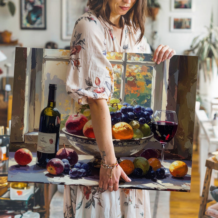 Rustic Autumn Still Life Canvas – Traditional Oil Painting with Fruit & Wine - Gifitto