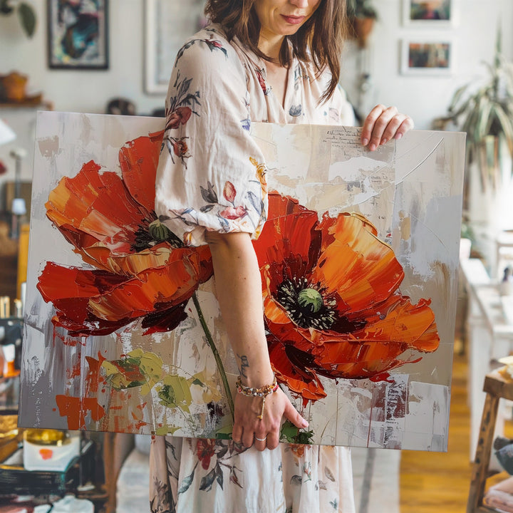Fiery Red Poppies Canvas – Textured Abstract Floral Wall Art - Gifitto