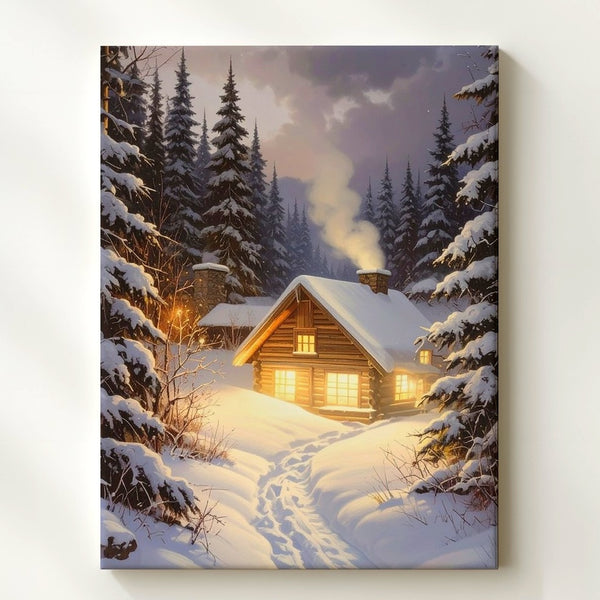 Twilight Cabin Glow Canvas – Cozy Forest Retreat in Snowy Pines - Gifitto