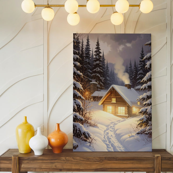 Twilight Cabin Glow Canvas – Cozy Forest Retreat in Snowy Pines - Gifitto