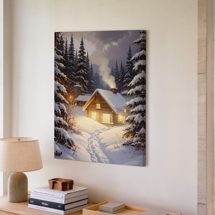 Twilight Cabin Glow Canvas – Cozy Forest Retreat in Snowy Pines - Gifitto