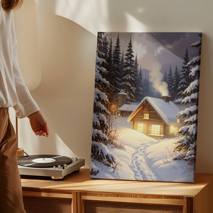 Twilight Cabin Glow Canvas – Cozy Forest Retreat in Snowy Pines - Gifitto