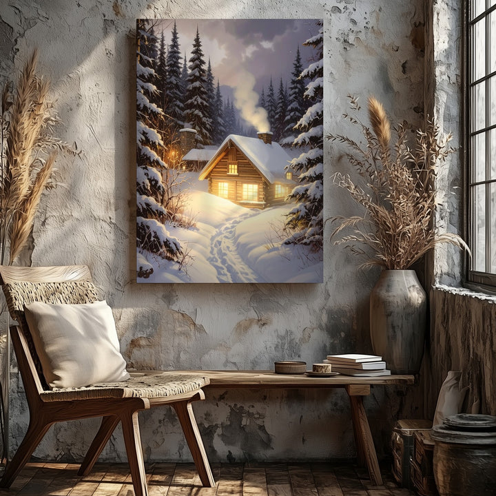 Twilight Cabin Glow Canvas – Cozy Forest Retreat in Snowy Pines - Gifitto