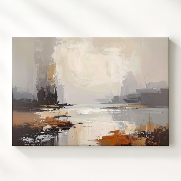 Foggy Horizon Canvas – Abstract Landscape in Soft Beige, Gray, and Earthy Tones - Gifitto