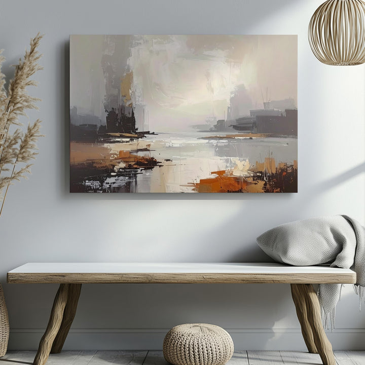 Foggy Horizon Canvas – Abstract Landscape in Soft Beige, Gray, and Earthy Tones - Gifitto