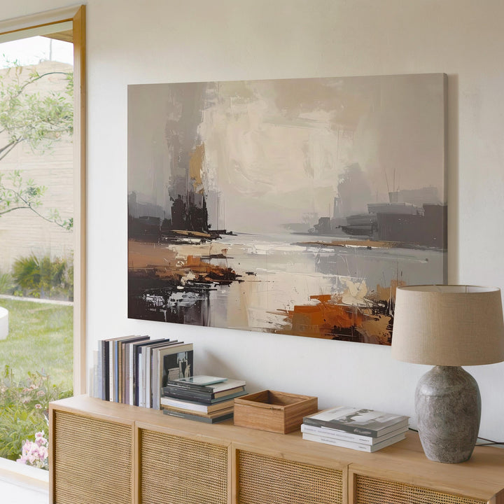 Foggy Horizon Canvas – Abstract Landscape in Soft Beige, Gray, and Earthy Tones - Gifitto