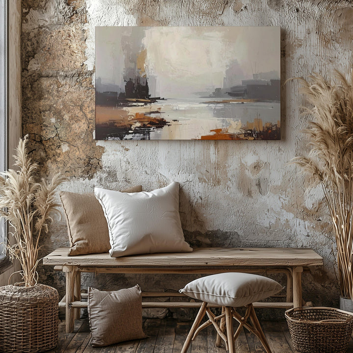 Foggy Horizon Canvas – Abstract Landscape in Soft Beige, Gray, and Earthy Tones - Gifitto